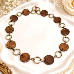 Vintage Gold Tone Wood Disc Link Chain Belt Retro Mod Boho Waist Belt